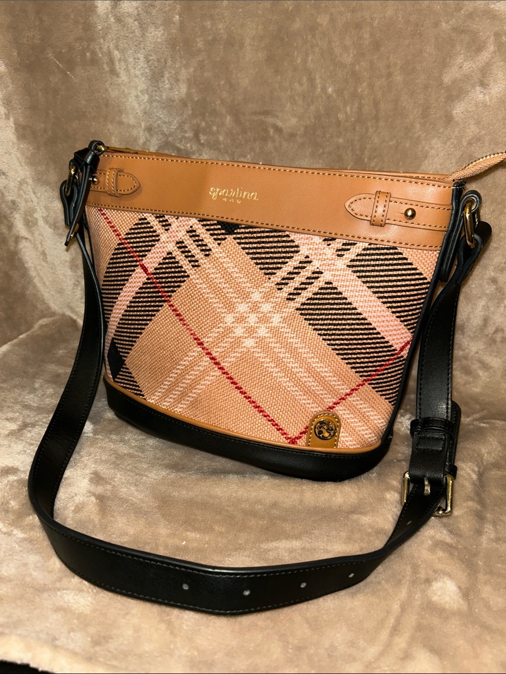 Spartina 449 Tan Nova Plaid Linen Leather Preppy Crossbody Bucket Tote Bag - Picture 3 of 16